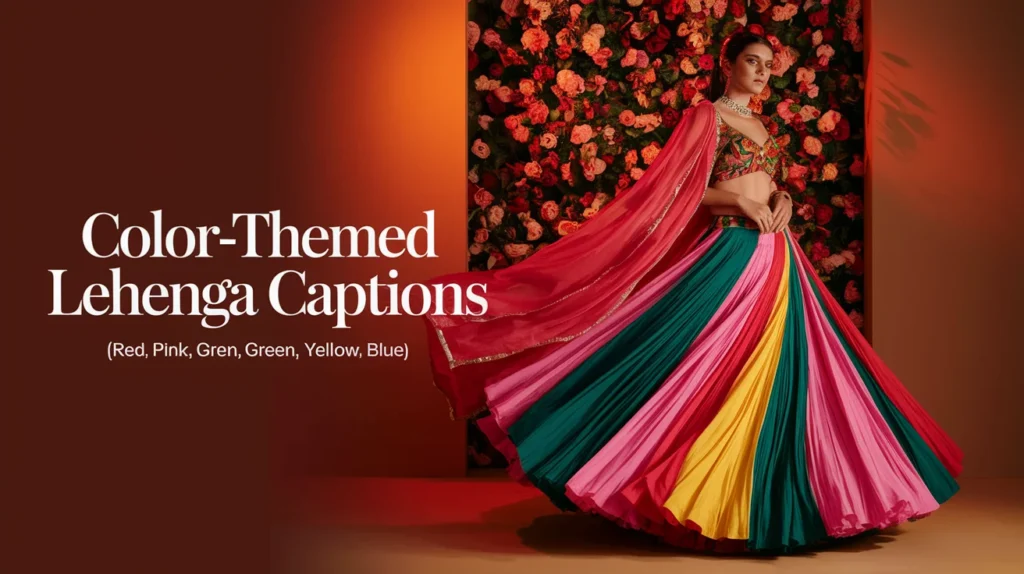 Color-Themed Lehenga Captions (Red, Pink, Green, Yellow, Blue)